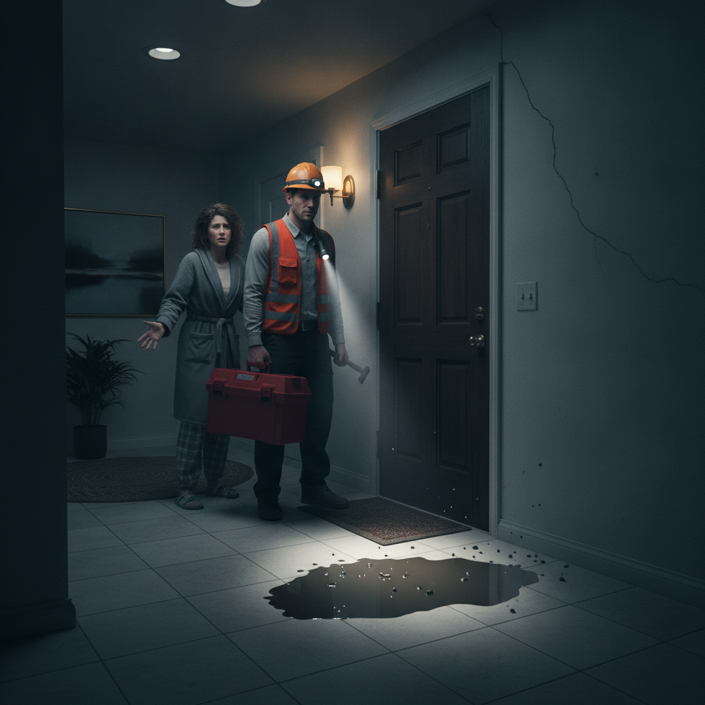 A maintenance worker responds quickly to an emergency in a rental home at night.