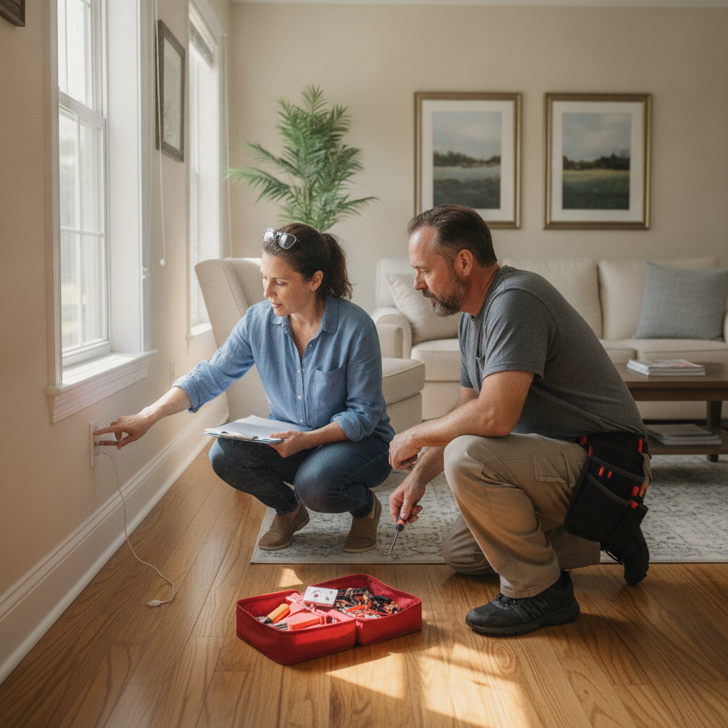 A manager and handyman inspect a vacation rental for small repairs.